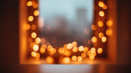 A captivating image featuring warm bokeh lights through a window, creating a cozy and inviting atmosphere perfect for indoor relaxation and dreamy moments.の素材