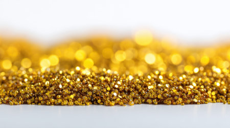 Close-up view of gold glitter particles resting on a white surface, creating a vibrant and sparkling texture perfect for creative projects and festive occasions.の素材
