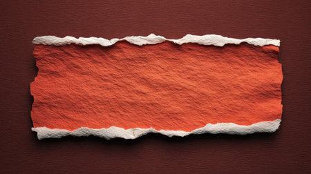 Detailed image of a torn paper piece with a vivid orange color set against a brown backdrop, perfect for creative designs, presentations, or artistic projects.の素材