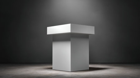 A clean and minimalist white podium stands out in a dimly lit studio, ideal for presentations, speeches, or showcasing innovative products in a professional setting.の素材