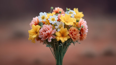 A stunning bouquet of colorful spring flowers featuring vibrant yellow, white, and orange blooms arranged delicately, perfect for enhancing any decor.の素材