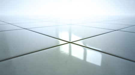 Modern glossy white floor tiles reflect soft light, creating a clean and elegant atmosphere suitable for interior design, offering a minimalist and fresh aesthetic.の素材