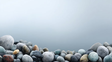 A serene background featuring smooth pebbles in various shades, set against a calm blue backdrop, perfect for conveying tranquility and natural beauty in designs.の素材