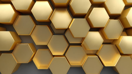 Stunning golden hexagonal pattern creates a striking visual effect. Perfect for modern design needs including wallpapers, backgrounds, and artistic projects.の素材