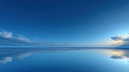 Captivating scene of a tranquil horizon at dusk featuring calm waters and a gradient blue sky. Perfect for conveying peace, beauty, and serenity in visual storytelling.の素材
