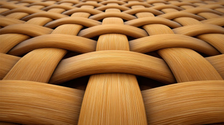 This close-up image showcases intricate bamboo weaving, featuring a warm and inviting pattern. Perfect for design projects, this natural texture adds elegance and depth.の素材