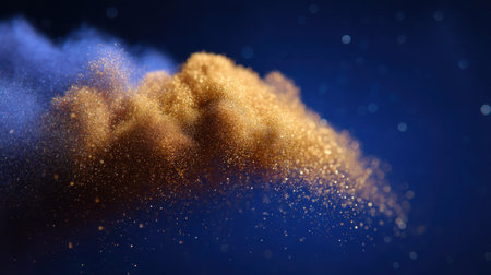 A stunning representation of a golden dust cloud floating in a deep blue universe, filled with sparkling particles that create a mesmerizing and magical effect ideal for artistic projects.の素材