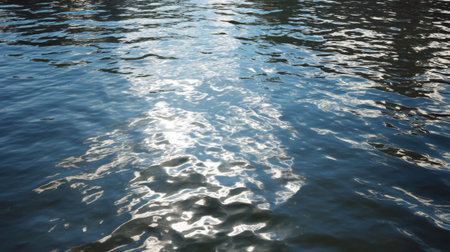 A serene water surface under bright sunlight creates mesmerizing reflections and subtle ripples, offering a tranquil escape into nature's beauty and peaceful atmosphere.の素材