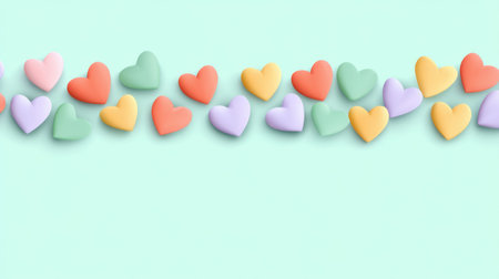 A lovely arrangement of multi-colored heart shapes on a gentle mint background, ideal for graphic designs, greeting cards, and romantic themes. Perfect for celebrations.の素材