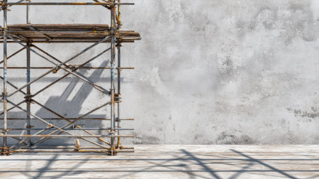 A minimalistic view of industrial scaffolding positioned beside a textured concrete wall, highlighting shadows and the essence of construction work in a bright space.の素材