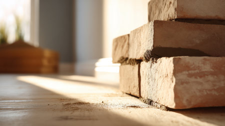 This image showcases a close-up of stacked bricks in a sunlit interior, highlighting warm tones and soft shadows, perfect for construction or home decor inspiration.の素材