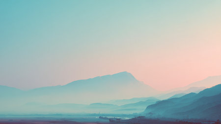 Mesmerizing mountain landscape at dusk, showcasing soft pastel colors and a tranquil atmosphere with distant rugged peaks and gentle hills, perfect for relaxation.の素材