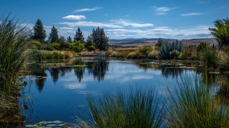 A peaceful pond reflects a stunning blue sky and surrounding lush greenery. Tranquil landscape, vibrant vegetation, and gentle sunlight create a serene atmosphere.の素材