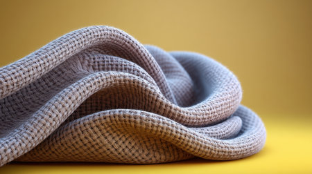 A soft and textured fabric drapes elegantly over a vibrant yellow surface, evoking warmth and comfort. Ideal for home decor, textile projects, and creative inspiration.の素材