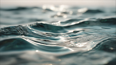Captivating close-up of gentle waves moving across a serene water surface, showcasing reflections of light and creating a tranquil atmosphere for relaxation.の素材