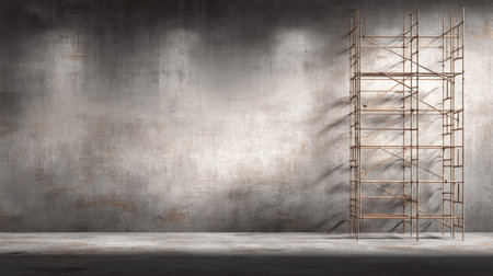 A striking image of industrial scaffolding positioned against a textured wall, capturing the essence of construction with dramatic lighting and shadow interplay.の素材