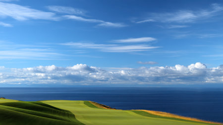 A breathtaking landscape featuring a golf course with lush green grass, rolling hills, and a serene ocean view under a colorful sky with fluffy clouds.の素材