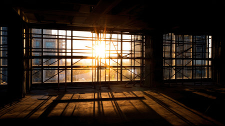 A captivating scene of sunlight streaming through window frames at an empty construction site during sunset, casting dramatic shadows on the floor and illuminating the space.の素材