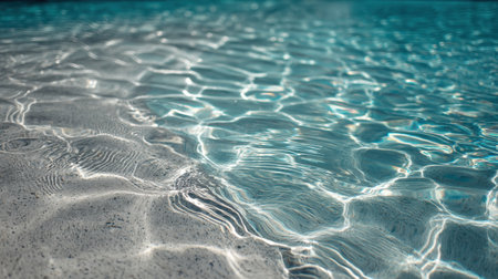 This image captures a mesmerizing view of clear water gently rippling in a pool, reflecting sunlight, creating a soothing atmosphere perfect for relaxation.の素材