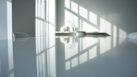 A peaceful and sleek workspace showcasing a glossy table surface reflecting soft shadows from large windows, creating a modern and minimalistic atmosphere perfect for productivity.の素材