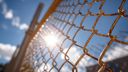 A close-up view of a rusty chain link fence glistening in sunlight, framed against a vibrant blue sky with soft clouds, showcasing urban textures and serene beauty.の素材