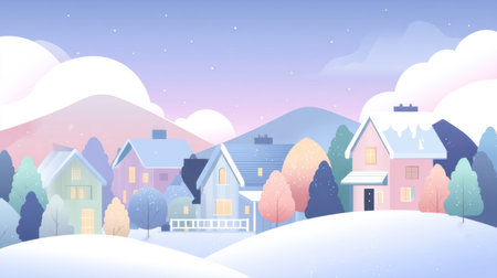 This enchanting winter village scene features charming houses nestled among soft snow, vibrant trees, and gentle hills under a pastel sky. Perfect for seasonal themes.の素材