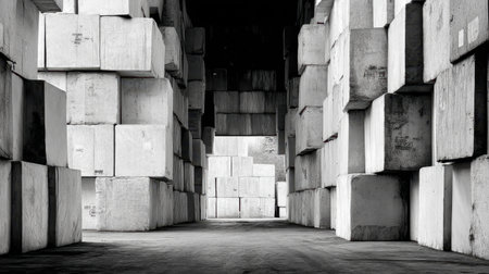 A striking black and white image of stacked industrial containers inside a warehouse. The geometric shapes and contrasting light create a unique visual depth and minimalist appeal.の素材
