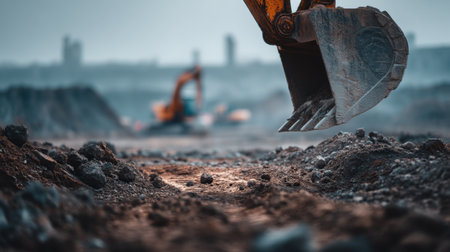 An excavator bucket captures earth and dirt in a construction site, showcasing the machinery in action. The background fades into a busy construction area.の素材