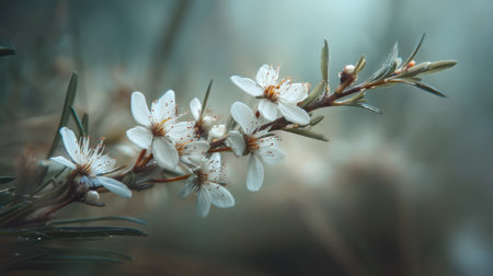 Beautiful closeup image of delicate white flowers on a green branch, with a soft blurred background, depicting the serene beauty of nature in gentle light.の素材