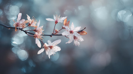A close-up view of delicate cherry blossoms on a slender branch, set against a soft bokeh background. The pastel colors evoke feelings of tranquility and beauty in nature.の素材