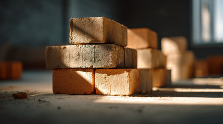 Close-up view of stacked building bricks with soft sunlight casting shadows, highlighting textures and dust particles in an indoor construction setting.の素材