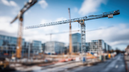 A dynamic view of a construction site featuring tower cranes and modern architecture in the background under a bright sky, showcasing ongoing urban development.の素材