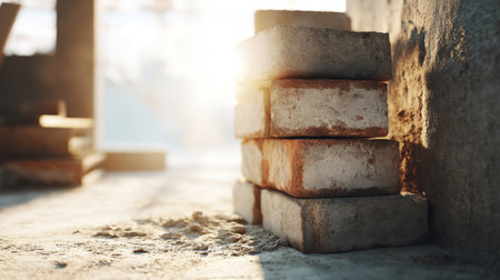 A serene scene of a stack of weathered bricks on a sunlit building site, showcasing textures and light, perfect for themes of construction, renovation, and hard work.の素材