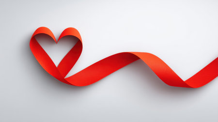 A vibrant red ribbon is artistically shaped into a heart on a soft background, evoking emotions of love, celebration, and special moments in life.の素材