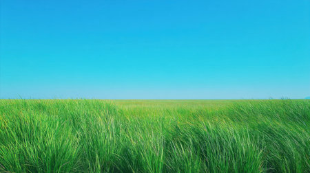 A serene view of a lush green grass field under a clear blue sky, capturing the essence of nature and tranquility, ideal for showcasing natural beauty in photography.の素材
