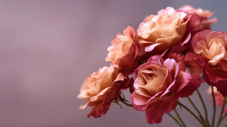 A captivating close-up of pink and peach roses, beautifully arranged against a soft pastel backdrop. This image evokes feelings of warmth and natureの素材