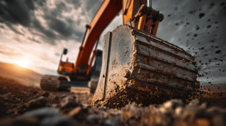 A powerful heavy-duty excavator bucket is shown in action, digging into the earth at a construction site against a beautiful sunset and dynamic sky.の素材