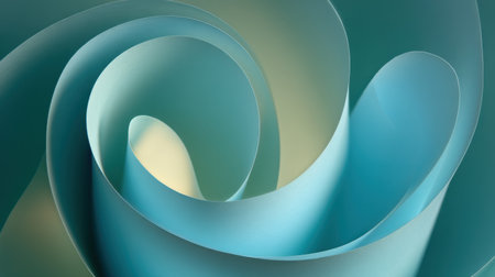 A captivating abstract image featuring smooth swirls of teal paper that creates an illusion of depth and movement, perfect for artistic and modern backgrounds.の素材