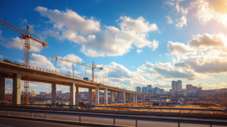 A vibrant scene captures the ongoing construction of a bridge with cranes set against a backdrop of clear blue skies and an expansive cityscape, highlighting urban growth.の素材
