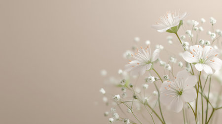 A stunning composition featuring delicate white flowers set against a soft beige background, creating an elegant and serene atmosphere perfect for various artistic projects.の素材