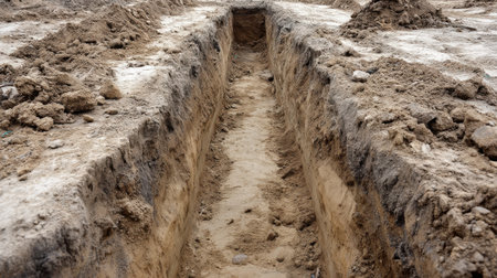 A deep trench in the ground represents ongoing construction work, emphasizing the detailed preparation required for foundational or utility installations in outdoor settings.の素材