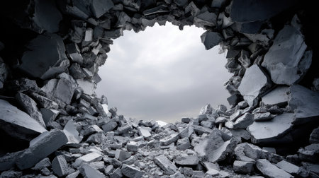 This striking image captures a large hole in a crumbling stone wall, revealing a moody sky filled with clouds. The surrounding debris and rough texture create a scene of dramatic contrast and exploration.の素材