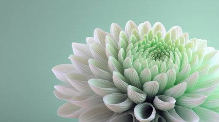 A stunning close-up of a delicate green and white chrysanthemum flower, showcasing intricate petal details and soft textures against a calming light green backdrop.の素材
