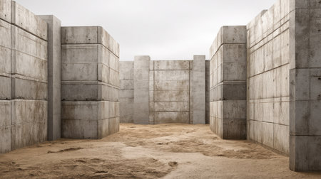 This image depicts a minimalist concrete structure featuring large blocks and a sandy floor, set under a cloudy sky, creating an industrial and abstract atmosphere.の素材