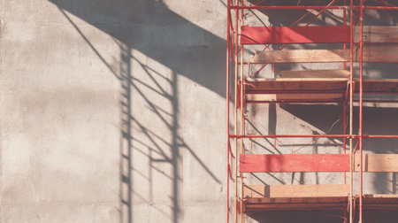 A detailed view of construction scaffolding featuring a red metal frame and wooden planks, casting distinct shadows on a concrete wall in bright sunlight.の素材