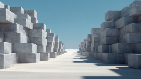 This image showcases a surreal landscape with concrete blocks creating a striking geometric arrangement under a perfect blue sky, evoking a sense of order and tranquility.の素材