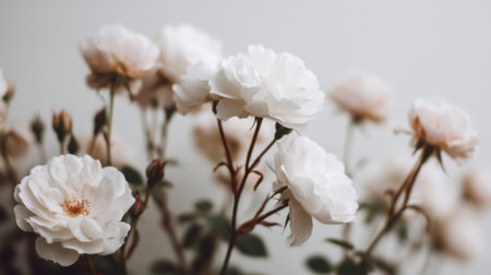 Smooth white roses bloom gracefully against a soft backdrop, embodying purity and elegance, perfect for themes of love and natural beauty in various arrangements.の素材