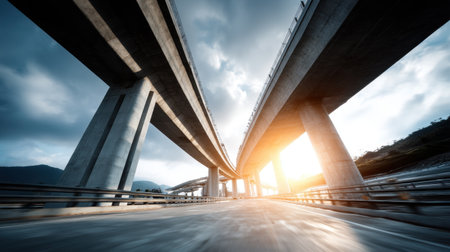 This striking image captures a modern urban bridge at sunset, showcasing impressive concrete structures amid a dynamic sky. Perfect for themes of travel and infrastructure.の素材