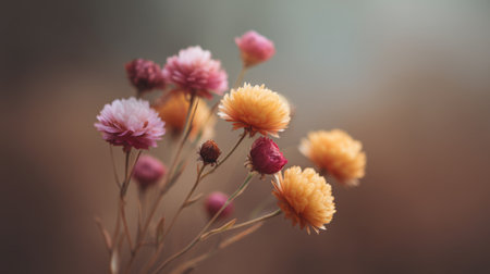 A delicate arrangement of dried flowers in soft pastel colors captured against a blurred background, evoking warmth, beauty, and tranquility for decor ideas.の素材