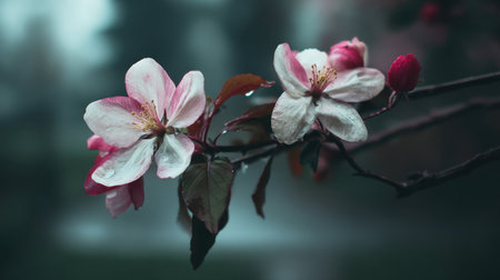 This image showcases delicate pink blossoms on a branch, adorned with dew drops. The softly blurred background enhances the beauty of spring, evoking tranquility and freshness.の素材